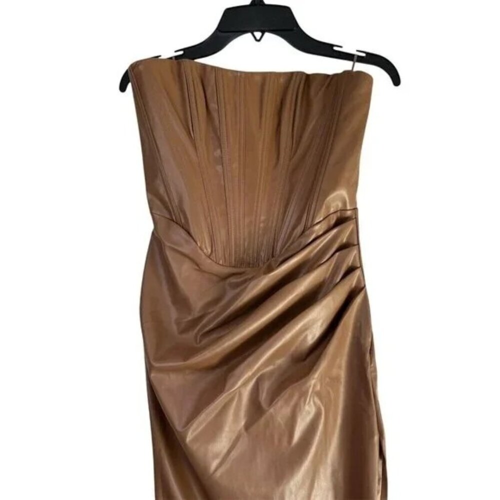 Bardot Everlasting Faux Leather Dress in Camel 2 New Womens Vegan Strapless Midi - Picture 9 of 16